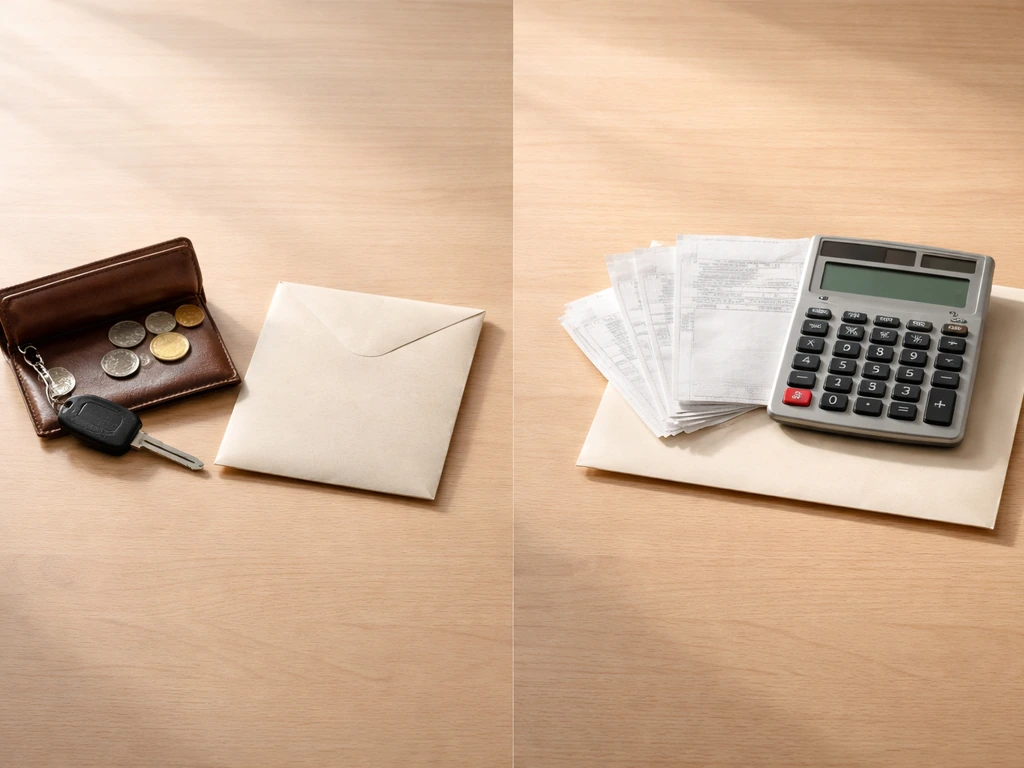 Minimal desk scene with wallet/coins and a calculator plus blank receipts, symbolizing assets vs income.