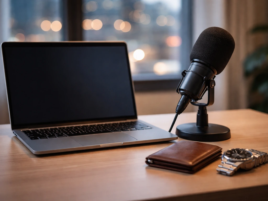 Minimal photo of a laptop and microphone setup beside a wallet and watch on a tidy desk
