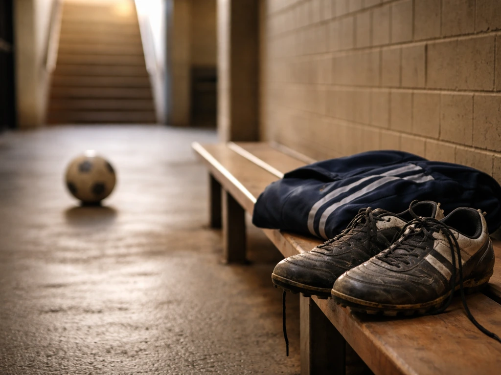 Anonymous football boots and training gear in a quiet stadium corridor with a blurred ball in background.