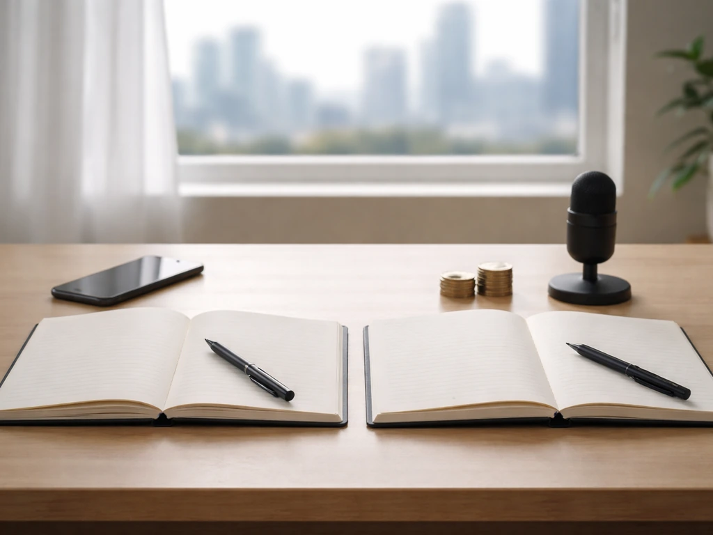 Minimal office desk with two open notebooks, a phone, microphone, and coins—symbolic of comparing identities and net wor