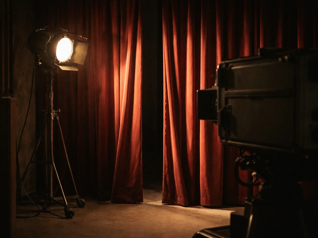 Vintage TV studio scene with a retro camera and studio lights, evoking early television career days.