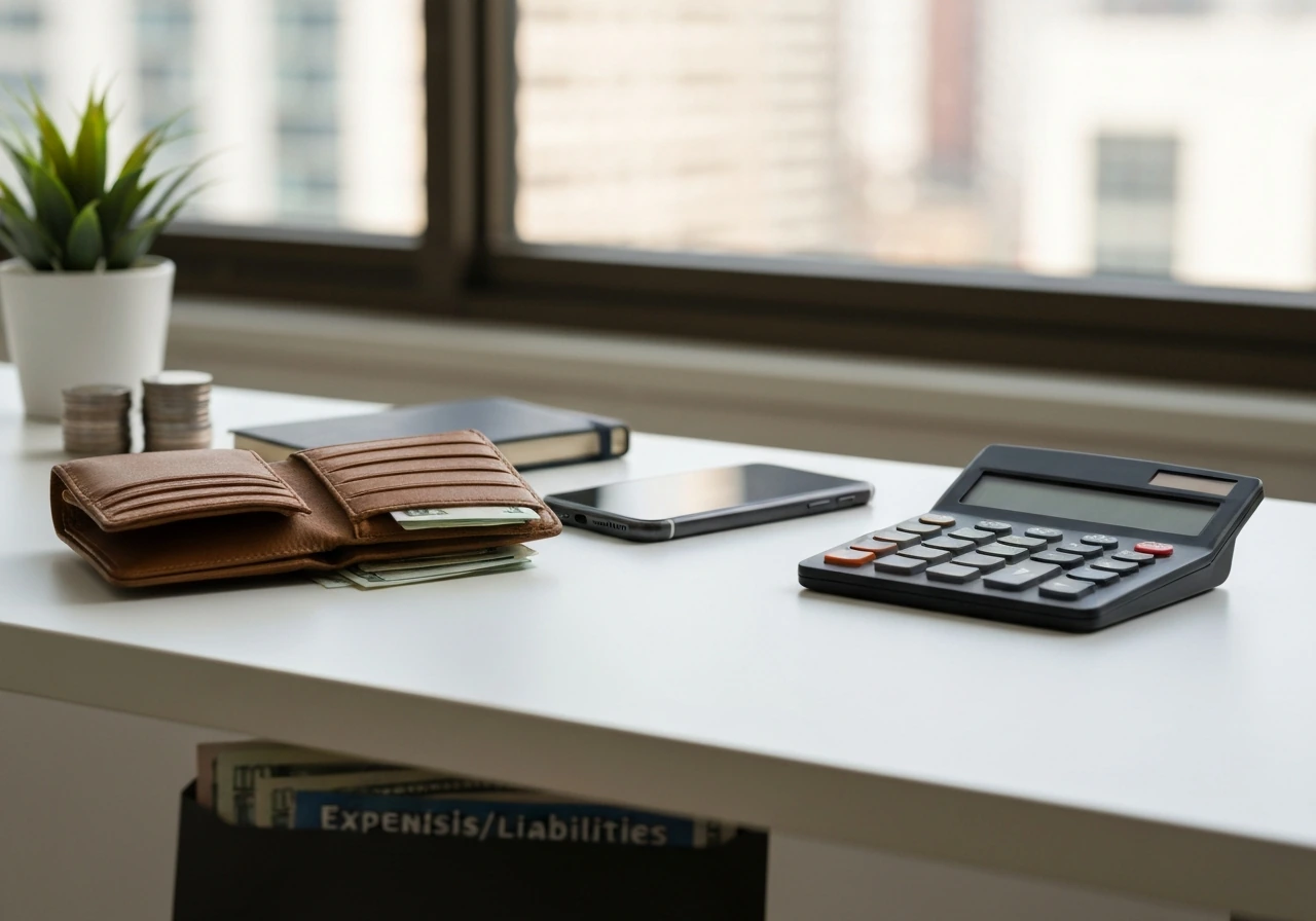 Minimal desk still life with wallet, cash, calculator, coins, and an obscured bill envelope.