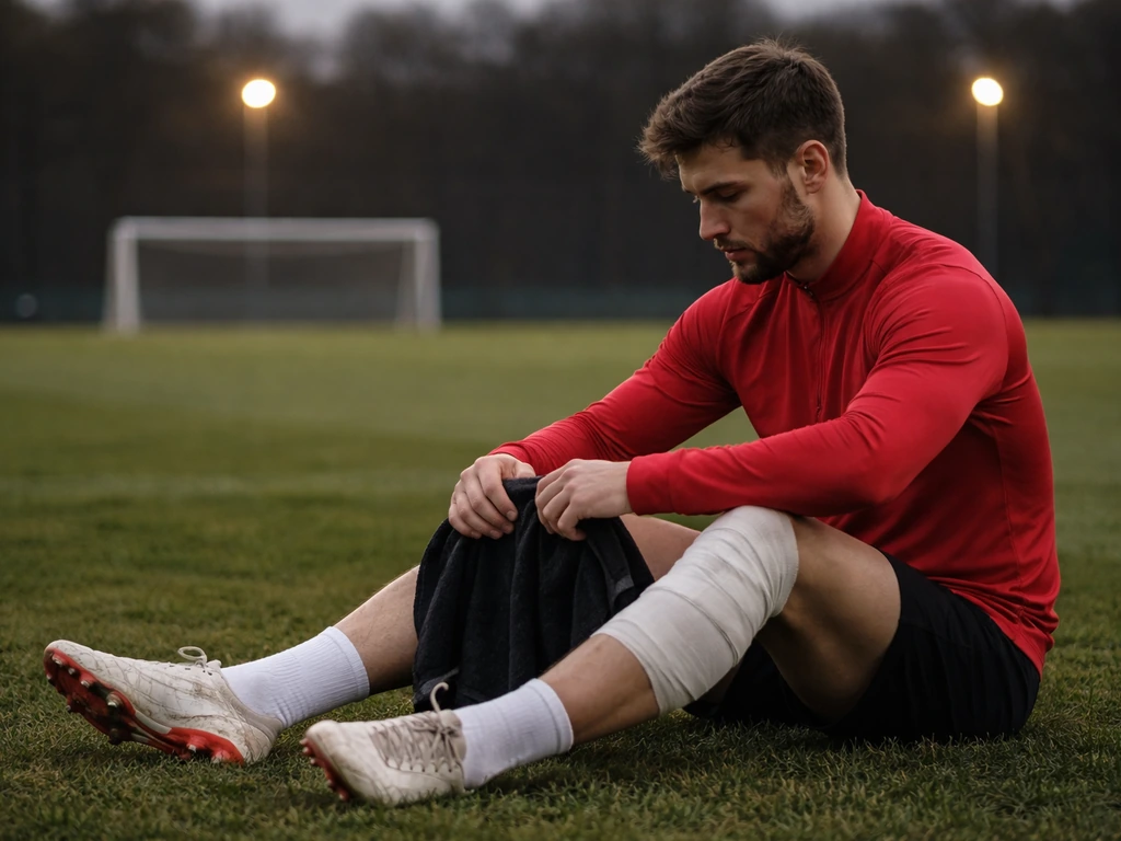 Injured-looking footballer in a Manchester United training kit seated on the pitch, minimal stadium backdrop
