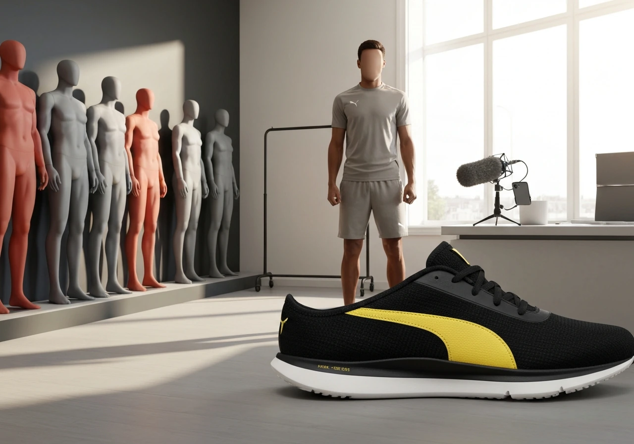 Anonymous athlete in a sports showroom with sneaker and broadcast microphone, suggesting sponsorship and brand deals.