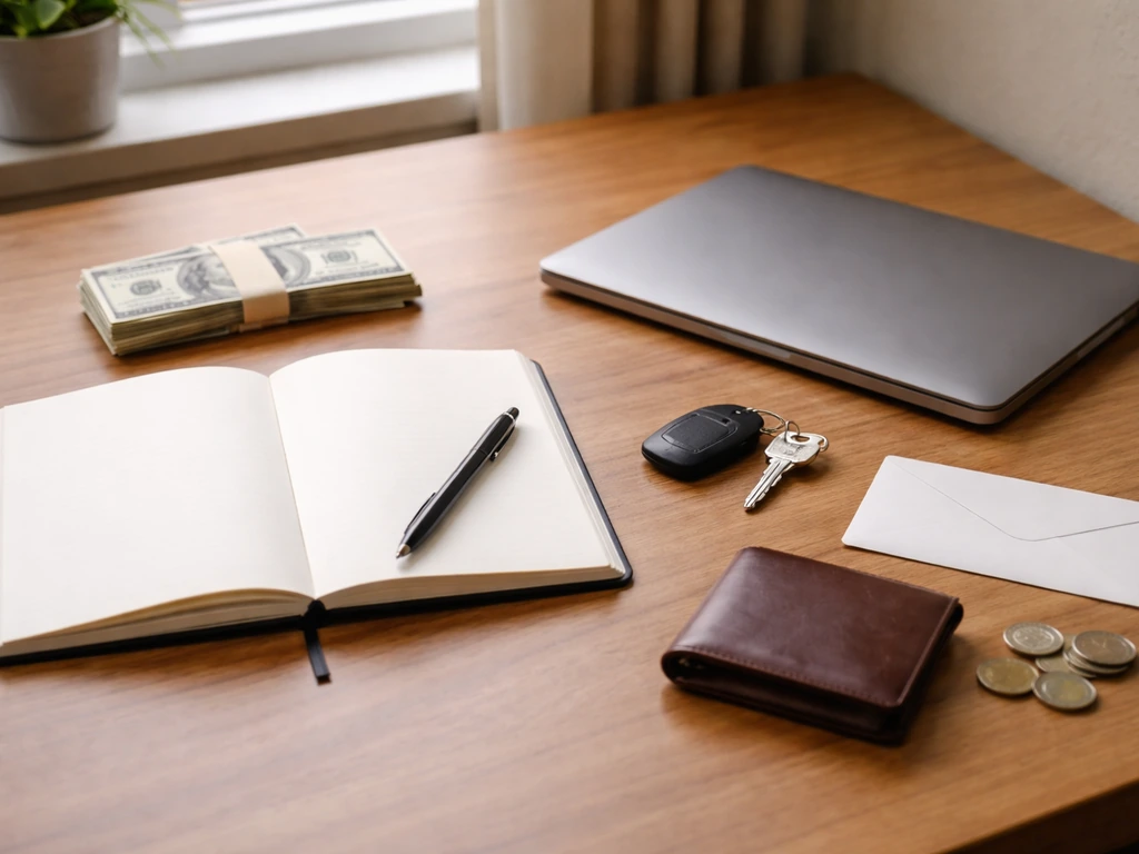 Minimal desk scene with cash, keys, coins, and a laptop symbolizing assets minus liabilities.