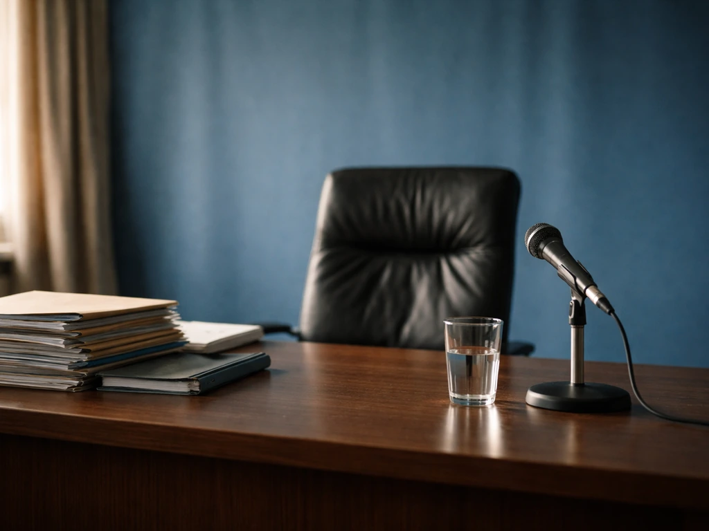 Minimal office desk scene with folders and a microphone, suggesting an executive FIFA press moment.