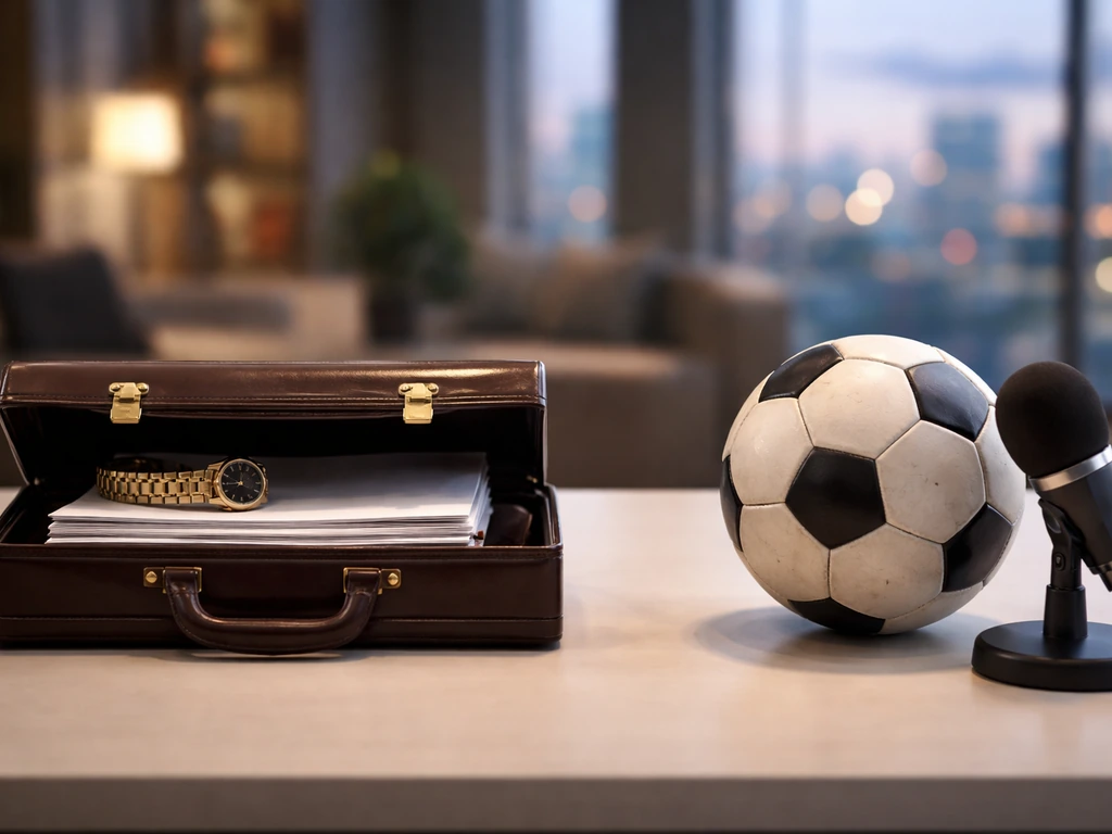 Minimal desk scene with briefcase and gold watch beside a soccer ball and studio microphone, no people or text.