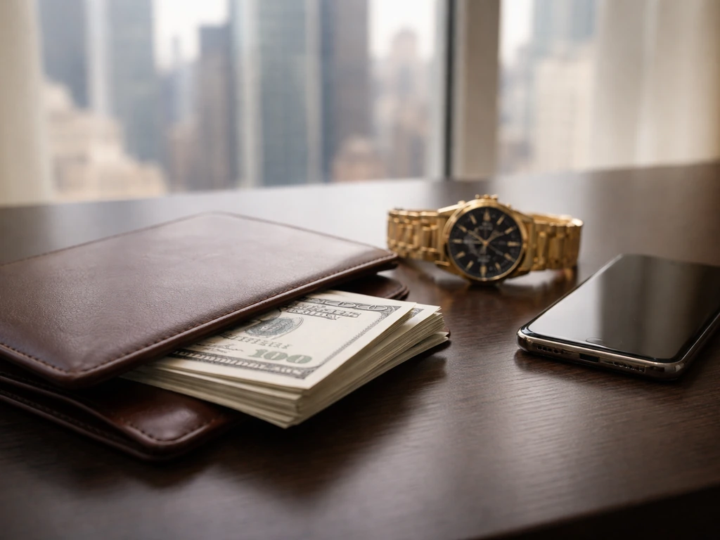 Minimal desk scene with cash, a portfolio, and a smartphone suggesting estimated net worth and business wealth.
