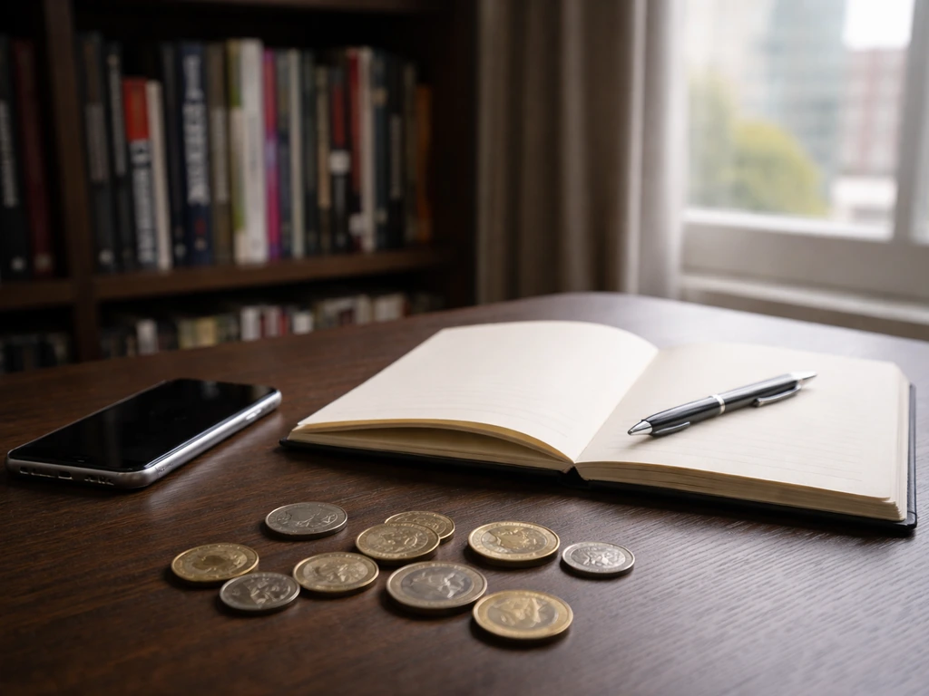 Minimal desk scene with coins, notebook, and pen suggesting club-based earnings growth without people or text.