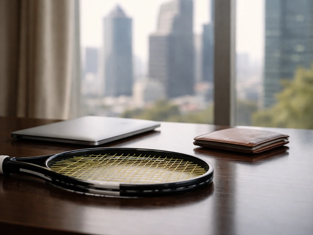 Tennis racket on a modern office desk with a laptop and city skyline blur in natural light