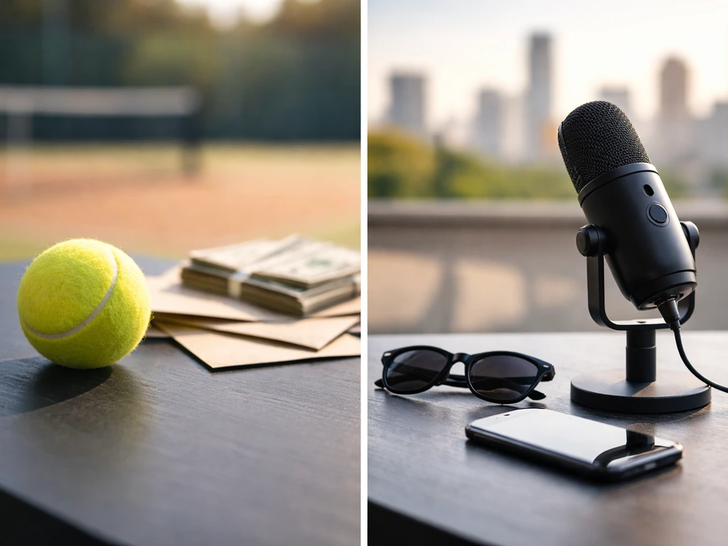 Minimal split scene: tennis ball and cash on one side, sleek media/branding objects on the other.