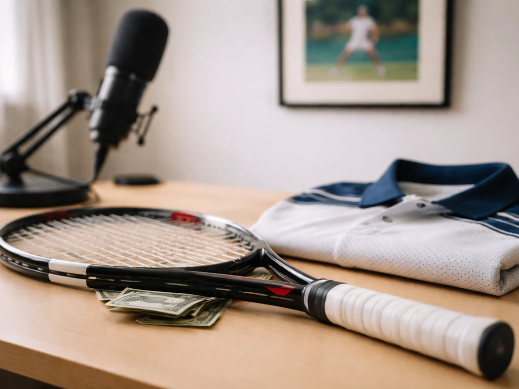 Close-up tennis racket and folded athletic shirt on a desk with cash and a blurred microphone behind.