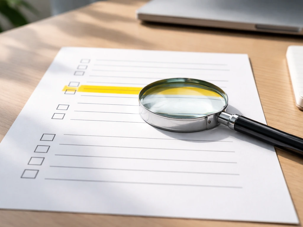 Magnifying glass over a printed checklist on a desk, highlighting net worth vs earnings distinction