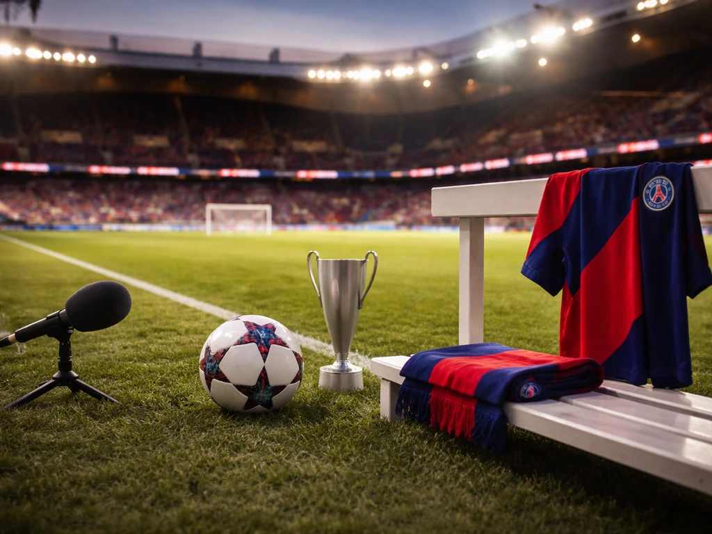 Minimal Parc des Princes exterior with microphone, football/trophy, and scarf/jersey cues representing media, matchday,
