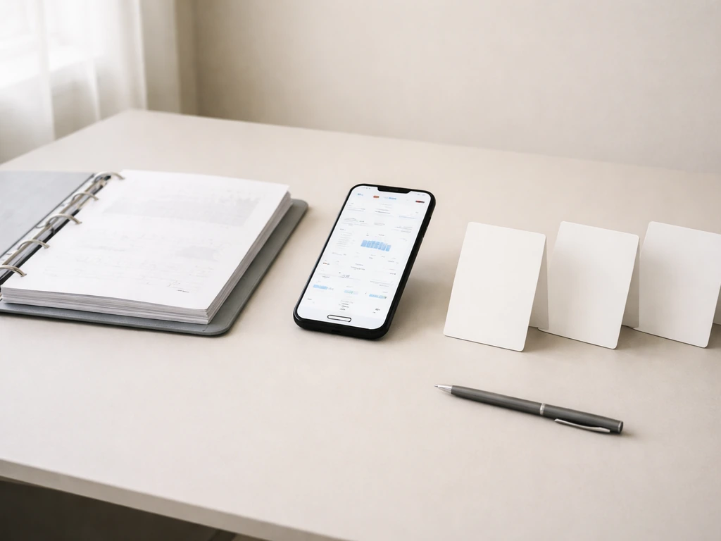 Minimal desk scene with a phone and cards suggesting different valuation approaches, no visible text or numbers.