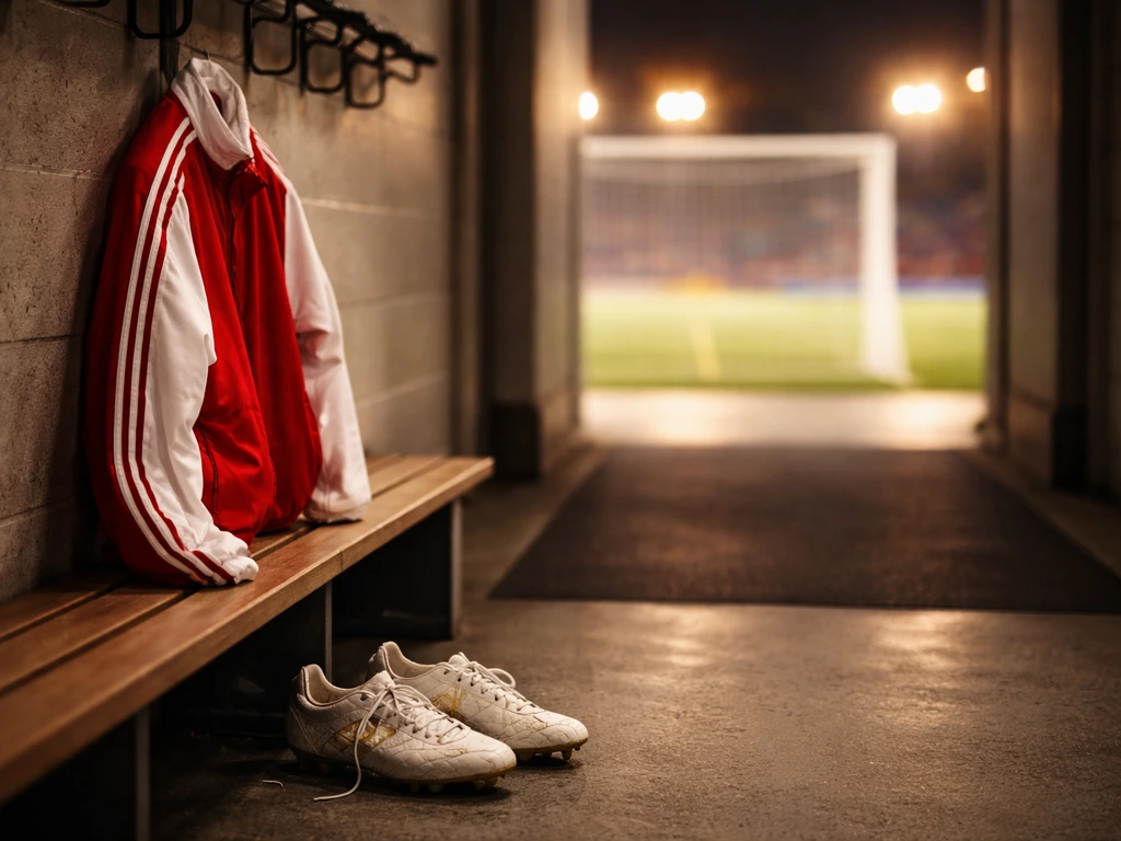 Quiet Ajax stadium corridor with red-and-white training gear and football boots, no people, early-career vibe.