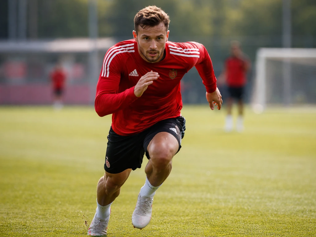Anonymous footballer in a red Bayern training kit sprinting on a soccer pitch during practice.