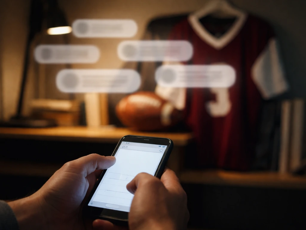 Faint smartphone search suggestions hovering over an anonymous football memorabilia shelf, symbolizing name confusion.