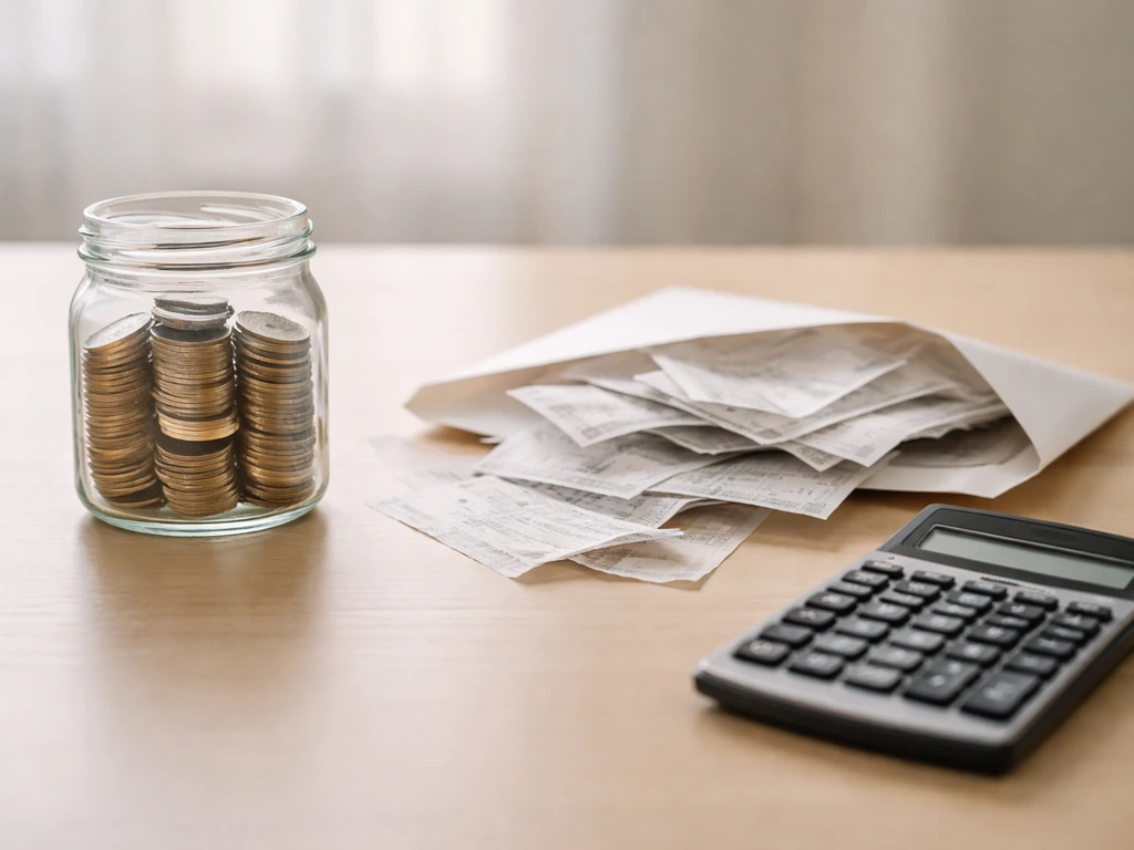 Desk scene with coins in a jar beside receipts and a calculator, symbolizing money terms.