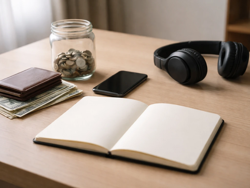 Minimal office desk scene with coins, wallet, cash, and a blank notebook suggesting money and earnings.