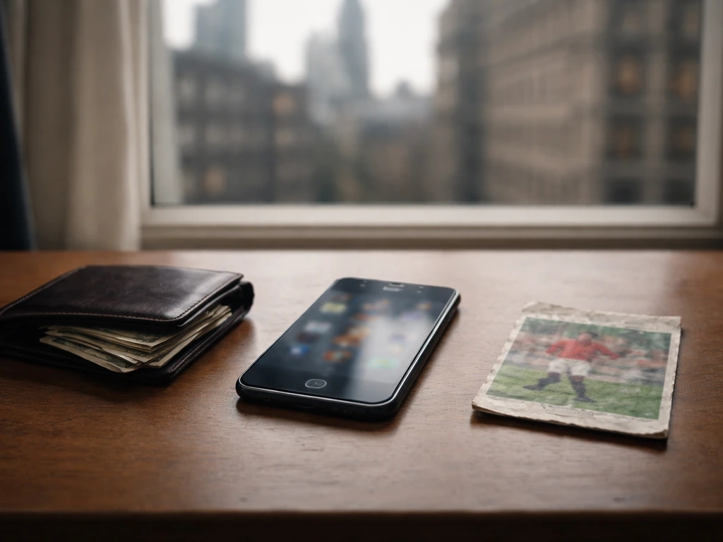 Minimal desk scene with wallet, smartphone, and blurred football memorabilia suggesting wealth comparison.