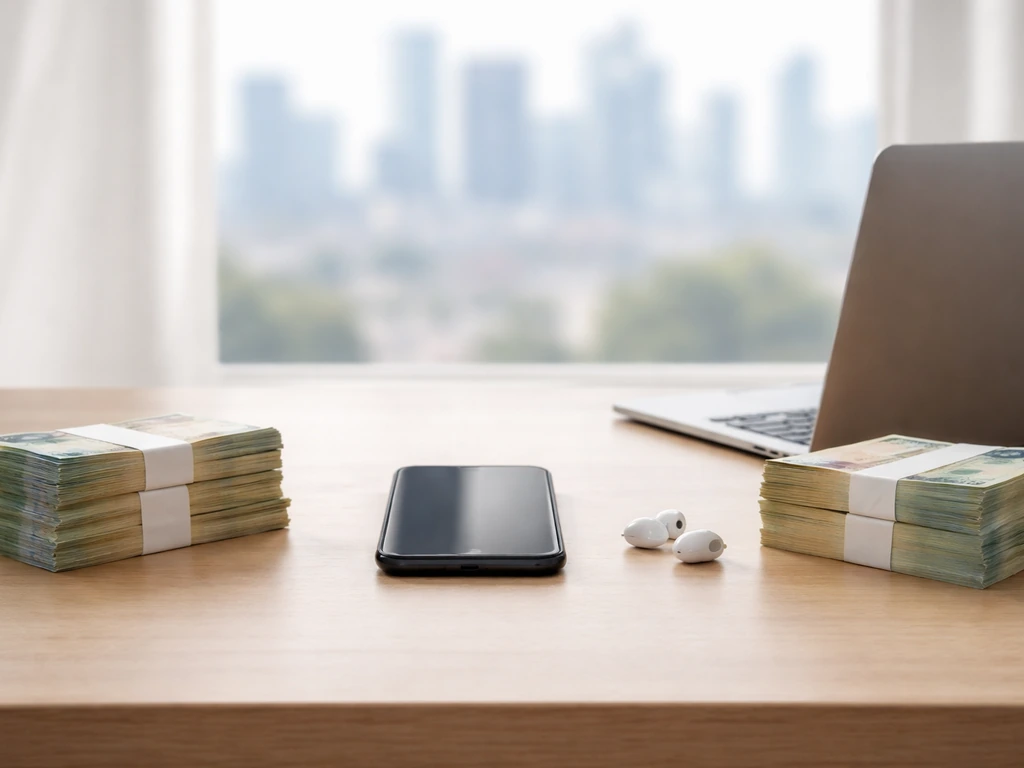 Minimal desk scene with two euro bill stacks and a phone/laptop symbolizing net worth comparison.