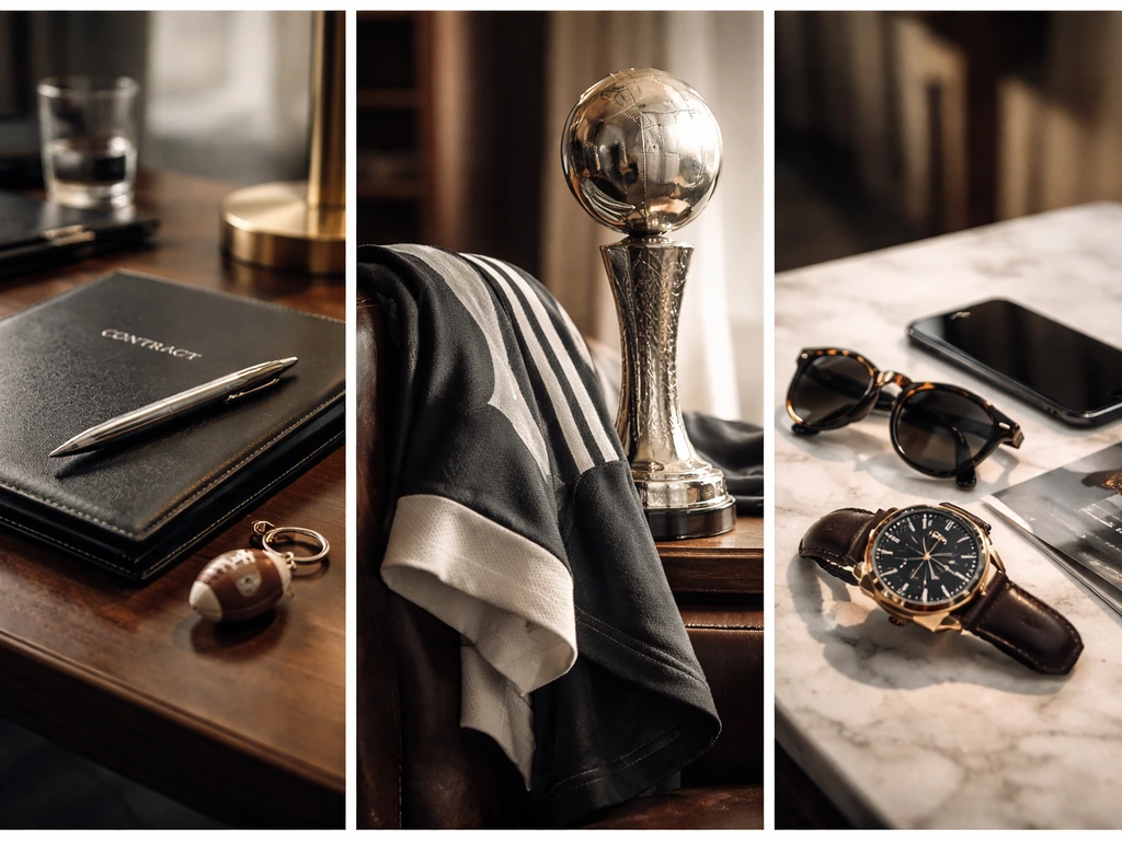 Minimal split-scene photo of football career earnings cues: contract pen, trophy, and luxury watch on a desk