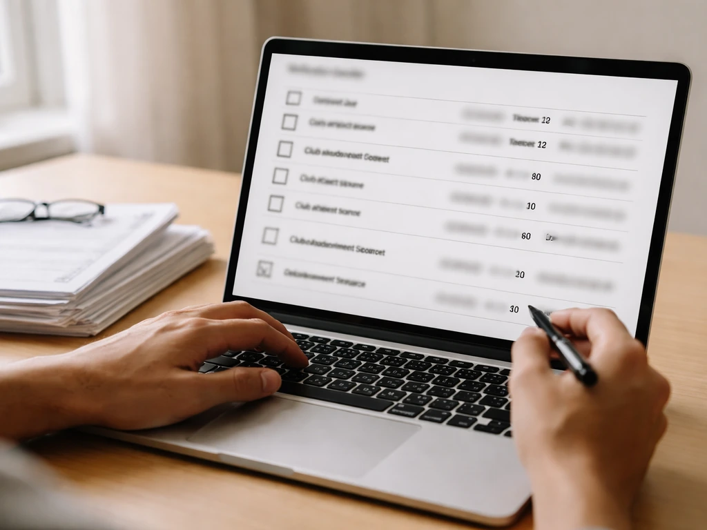 Person reviewing contract and endorsement sources on a laptop while sitting at a desk with financial papers.