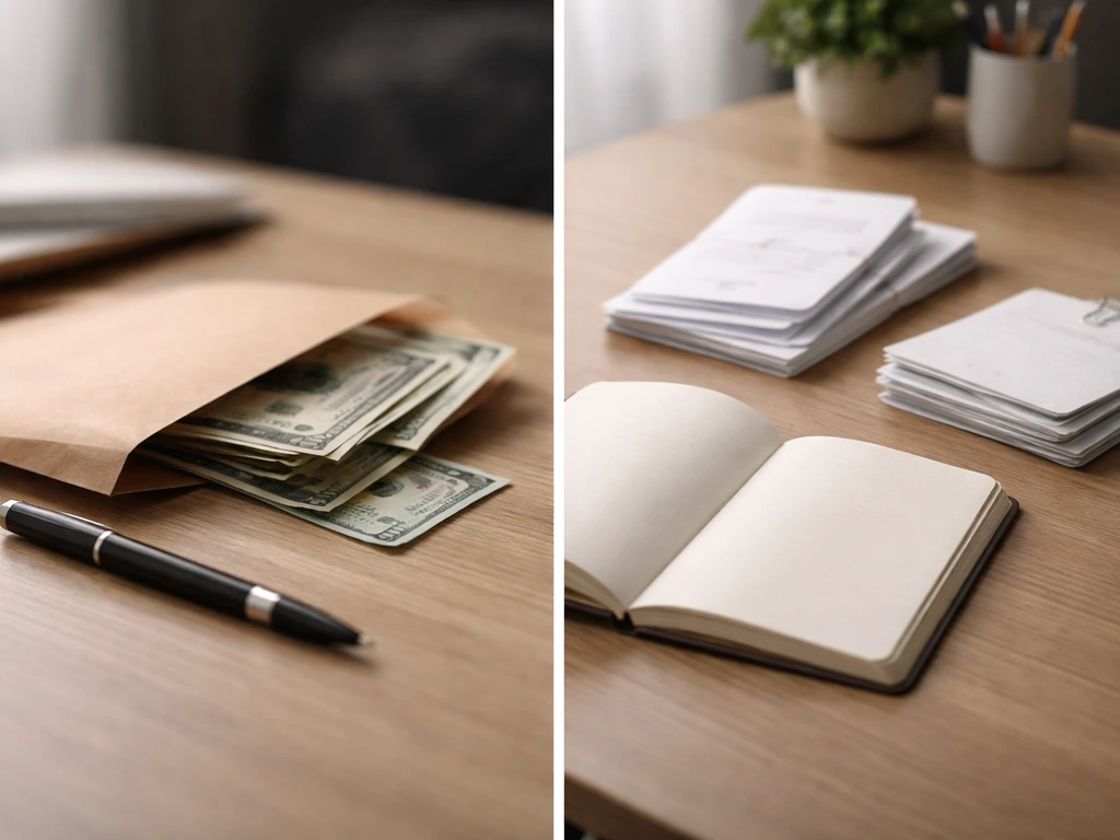 Split-screen desk scene showing cash and contract items versus invoices and bills to contrast salary and net worth.