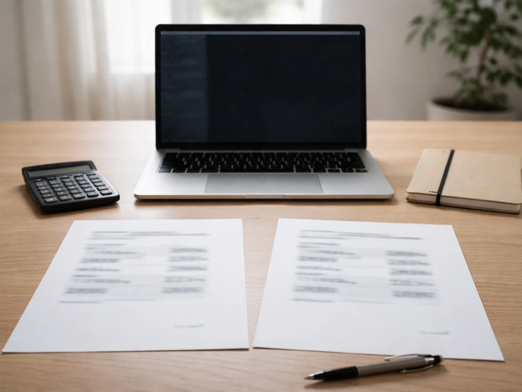 Simple desk scene with an open laptop and printed salary-range pages, symbolizing contract estimate uncertainty.