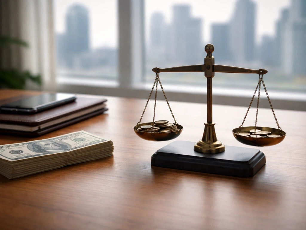 Minimal office desk scene with money and a coin balance scale symbolizing a net worth range.