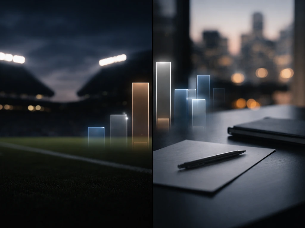 Dramatic split scene of a stadium silhouette over finance-style valuation, equity, and debt tones