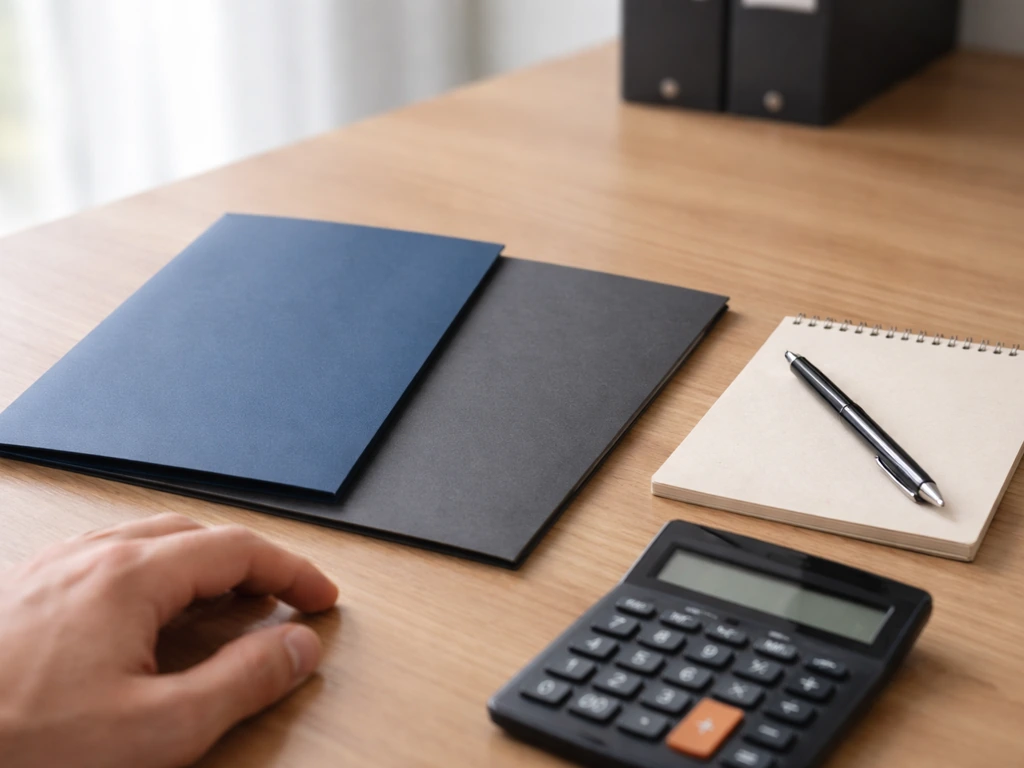 Close-up of a sleek office desk with a calculator and neatly stacked folders symbolizing football wages and amortization