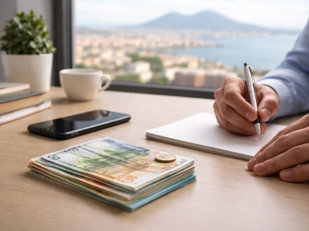 Minimal office scene with a smartphone, scattered euros, and a blurred city skyline symbolizing Serie A valuation