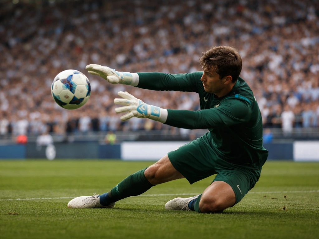 Anonymous Uruguay goalkeeper in a dark green kit dives to save a soccer ball in a stadium.