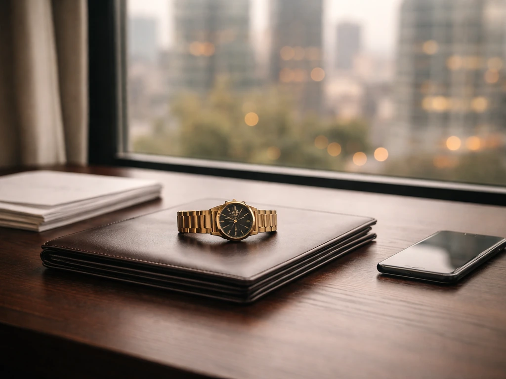 Minimal desk scene with a leather portfolio and gold watch suggesting a net worth range estimate drivers.