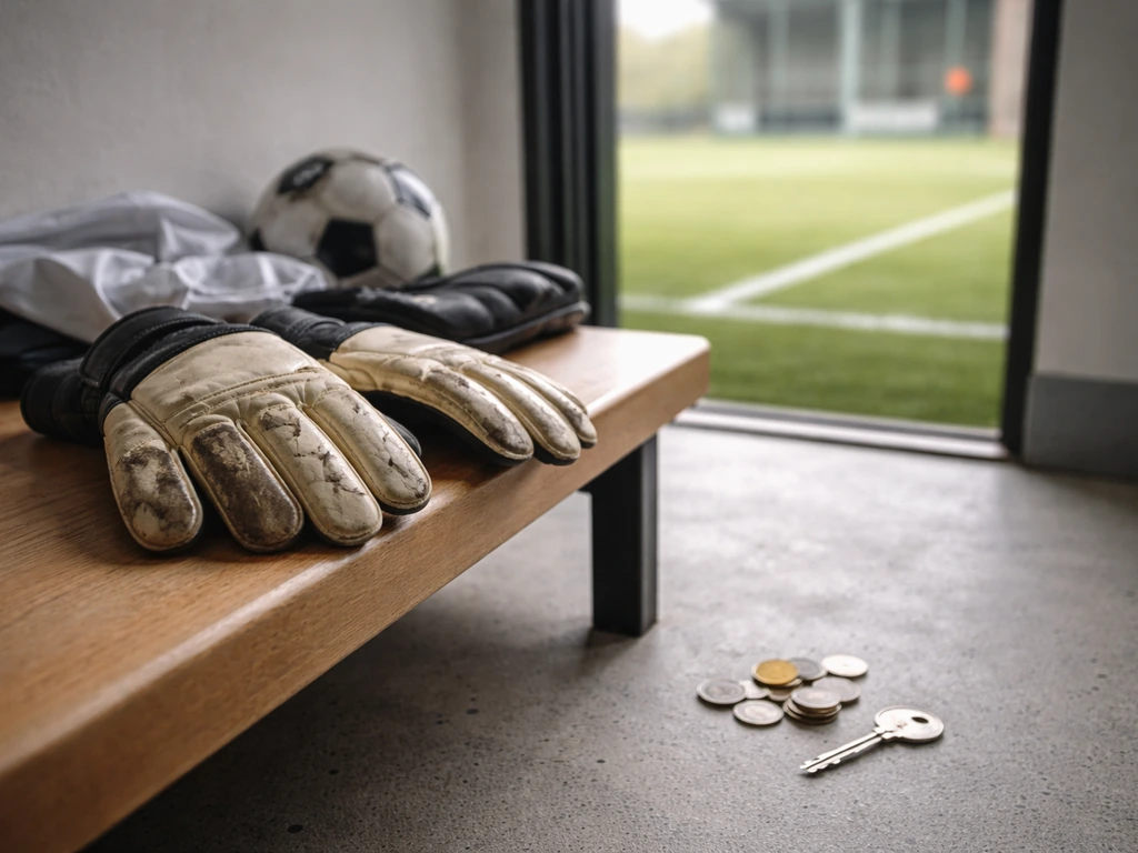 Goalkeeper gloves on a bench with a subtle money-symbol holding coin stack nearby