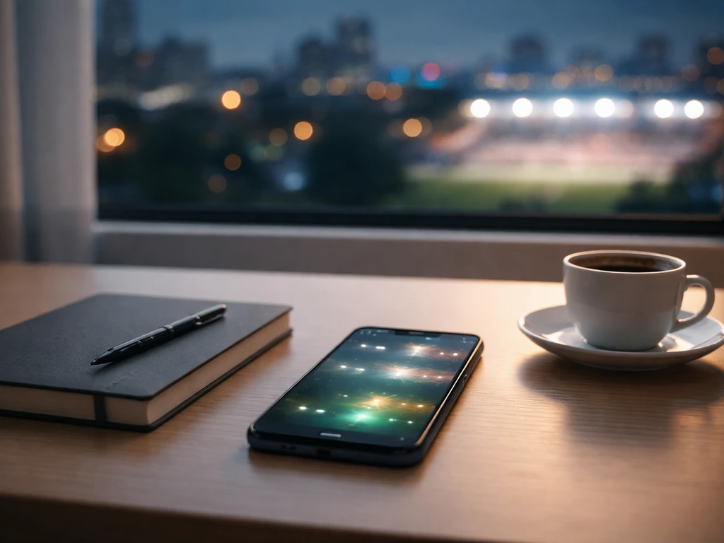 Minimal finance-themed desk scene with blurred city lights and a smartphone showing a sports-themed abstract timeline