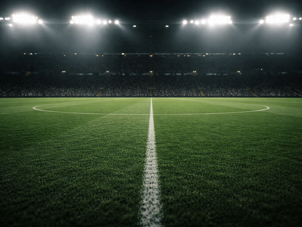 Empty Premier League-style stadium pitch under bright lights, symbolizing peak football wealth era.