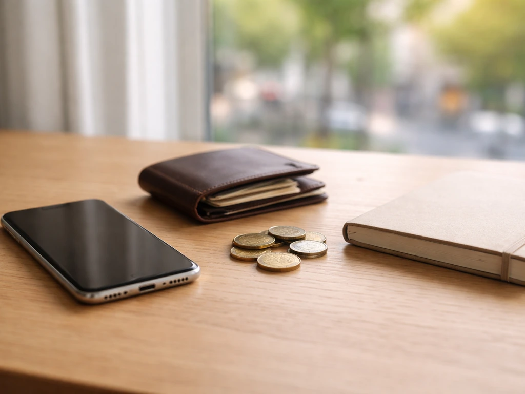 Minimal desk scene with a smartphone, wallet, and scattered coins suggesting wealth comparison