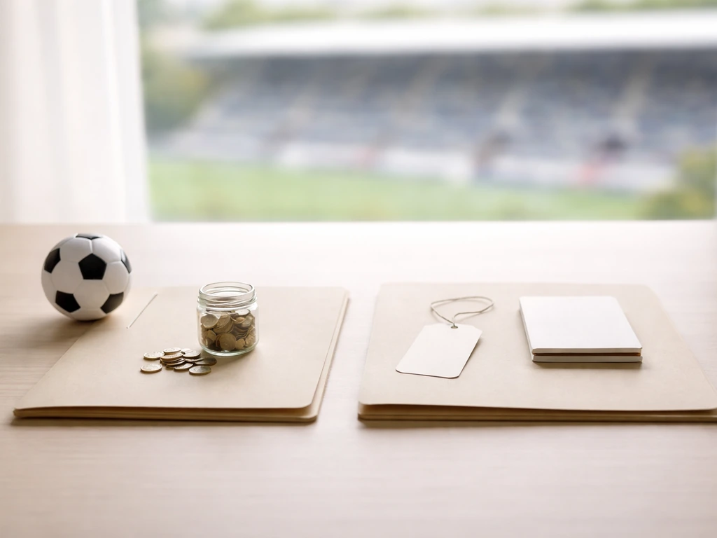 Lone soccer-themed desk scene with two valuation-style objects separated to suggest net worth vs market value.