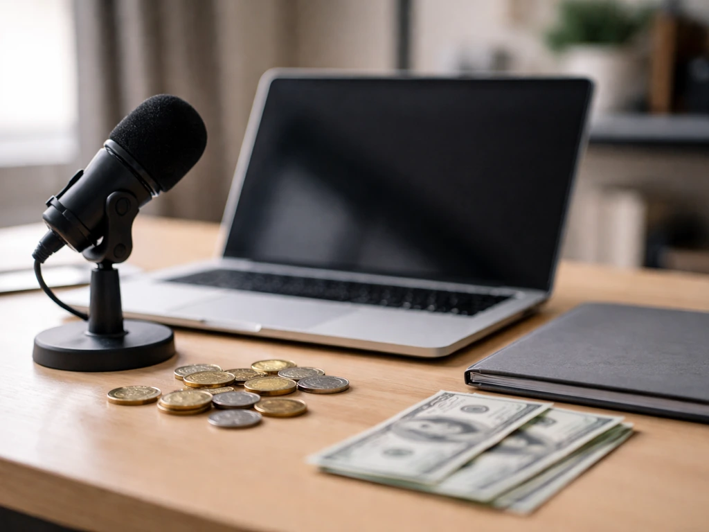 Minimal finance-themed photo: blurred newsroom desk with laptop and scattered coins symbolizing net worth estimates
