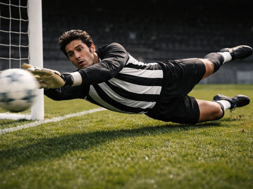 Gritty early-2000s Juventus goalkeeper in a black-and-white kit making a save in a sparse stadium