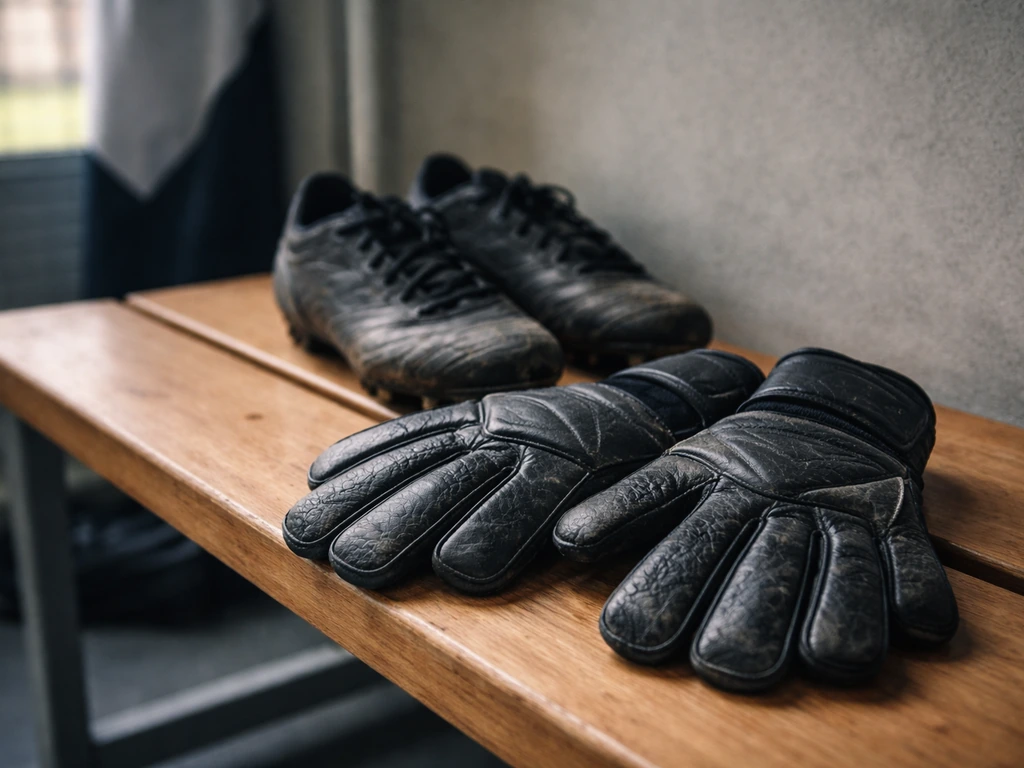 Black goalkeeper gloves and soccer boots on a wooden desk, evoking sports endorsement gear.