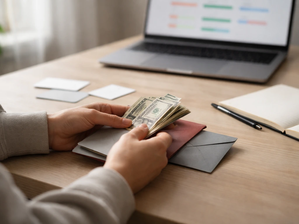 Minimal desk scene with scattered money envelopes and a laptop showing blurred, chart-like colors