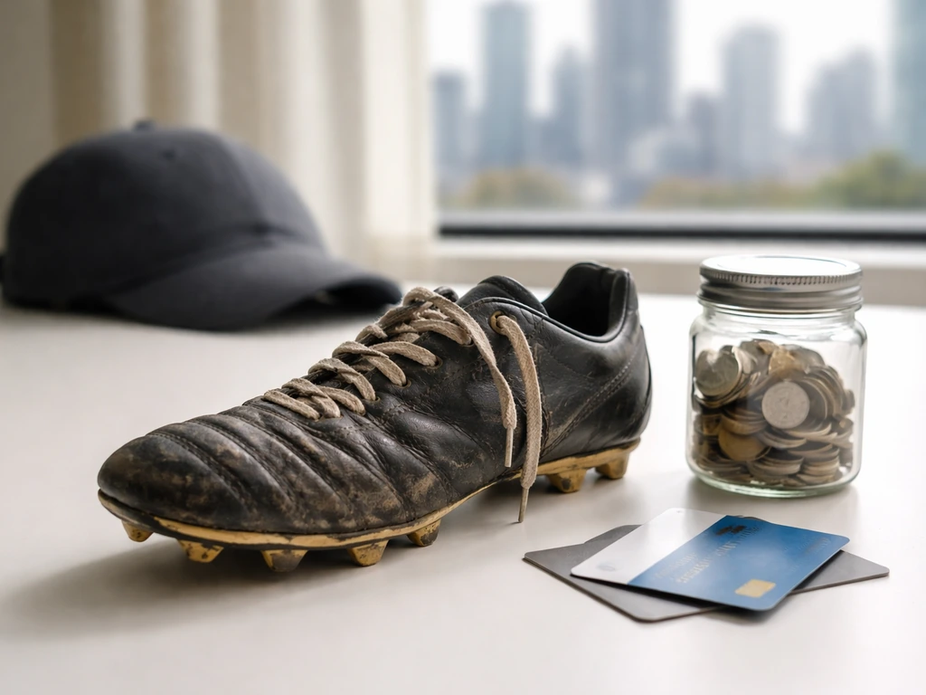 Simple photo of a football boot on a desk beside scattered bank cards and a coin jar, suggesting earnings