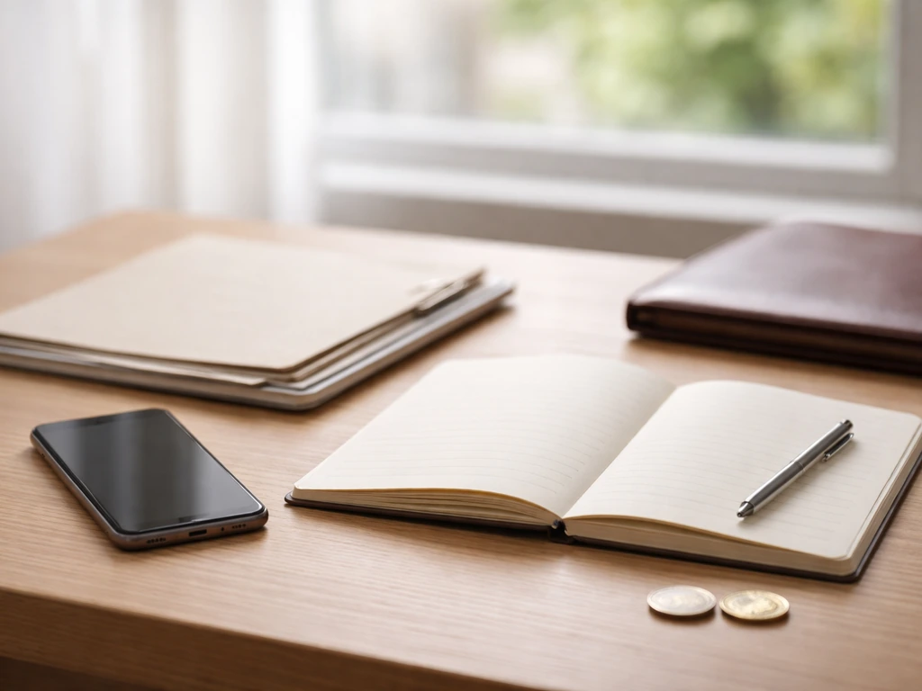 Minimal desk scene with euro coins, documents, and a smartphone suggesting an earnings breakdown