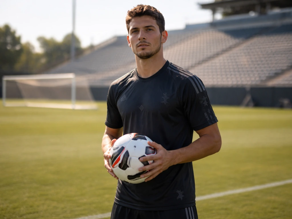 Soccer player in an MLS-style training kit holding a football on a quiet stadium field.