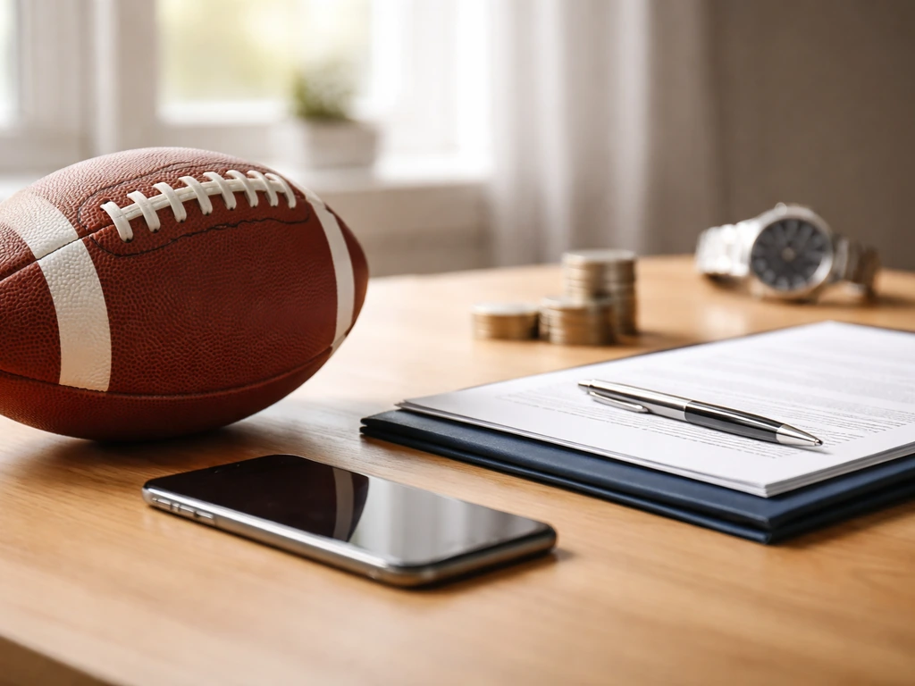 Football beside a contract folder, smartphone, and coins on a desk symbolizing net worth vs earnings.