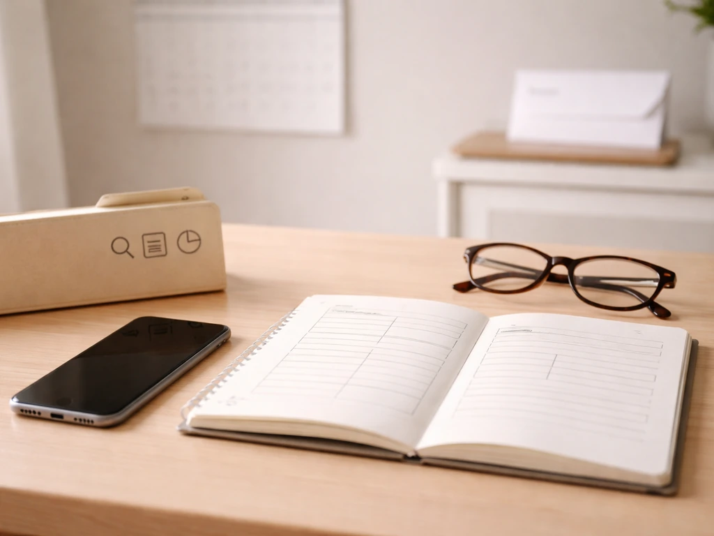 Minimal home-office desk with notebook, smartphone, glasses, and envelopes symbolizing compiled wage data.